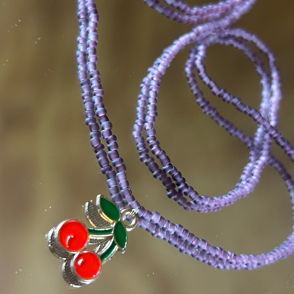 Vintage Cherry Charm Lavender‎ Beaded Necklace Coquette Aesthetic Jewelry 24
